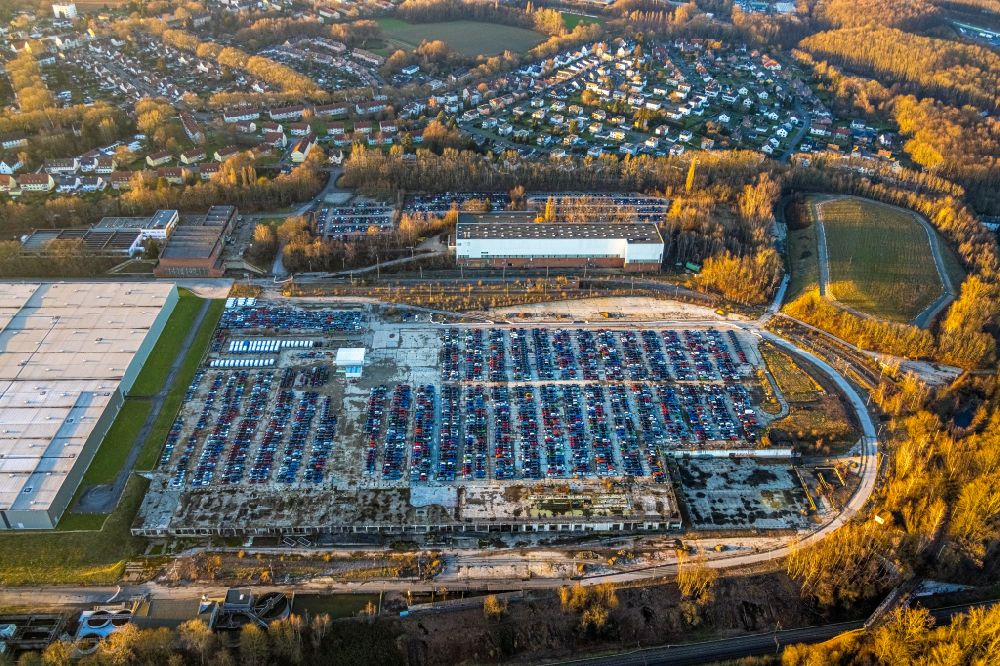 Aerial image Bochum - Parking and storage space for automobiles on street Somborner Strasse in the district Langendreer in Bochum at Ruhrgebiet in the state North Rhine-Westphalia, Germany