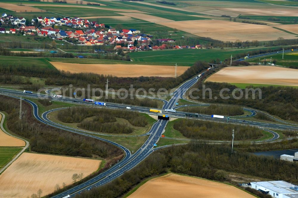 Kürnach from the bird's eye view: Route and lanes in the course of the freeway exit and access of the BAB 7 Wuerzburg / Estenfeld in Kuernach in the state Bavaria, Germany