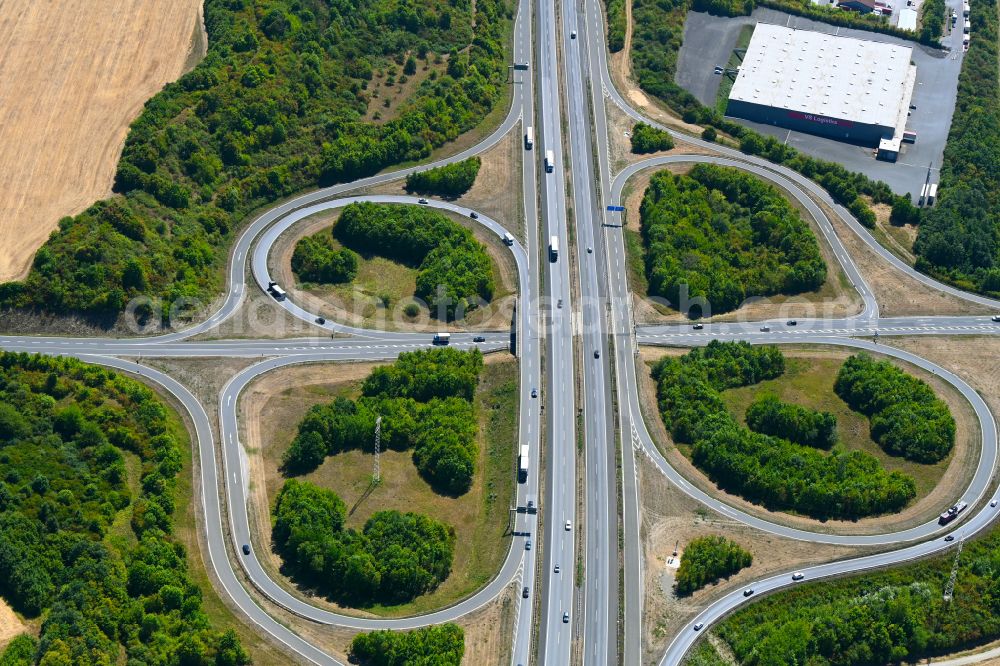 Aerial image Kürnach - Routing and traffic lanes during the highway exit and access the motorway A 7 Wuerzburg/Estenfeld in Kuernach in the state Bavaria, Germany