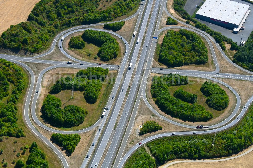 Kürnach from above - Routing and traffic lanes during the highway exit and access the motorway A 7 Wuerzburg/Estenfeld in Kuernach in the state Bavaria, Germany