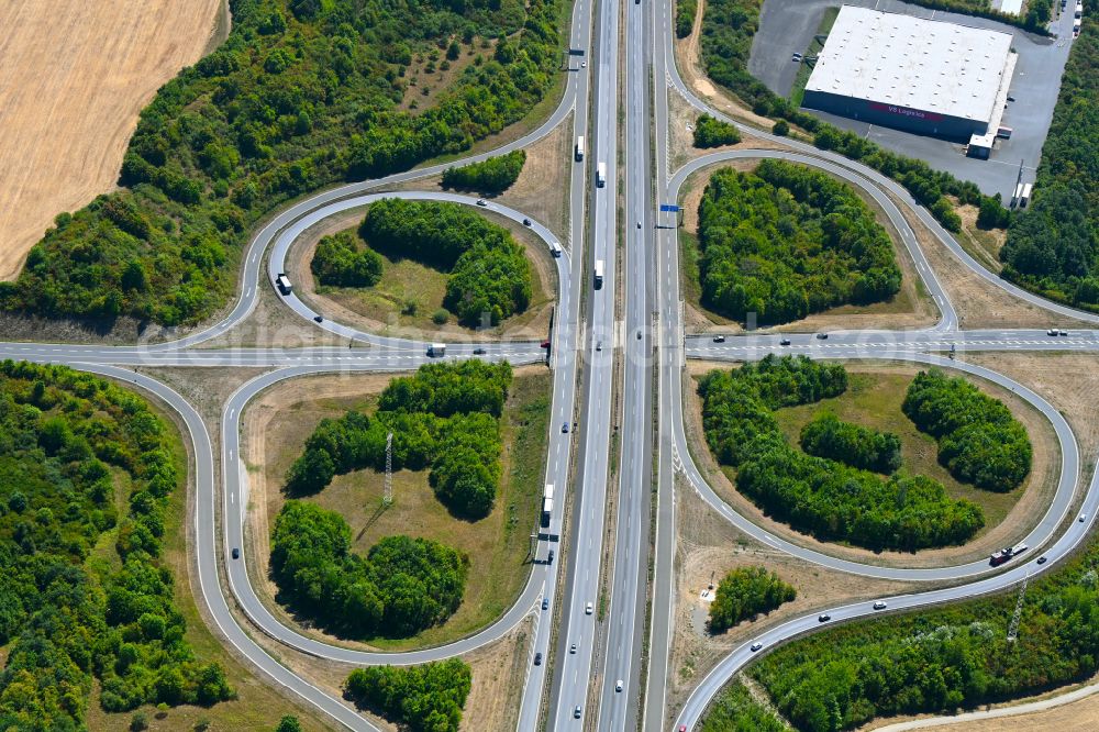 Aerial photograph Kürnach - Routing and traffic lanes during the highway exit and access the motorway A 7 Wuerzburg/Estenfeld in Kuernach in the state Bavaria, Germany