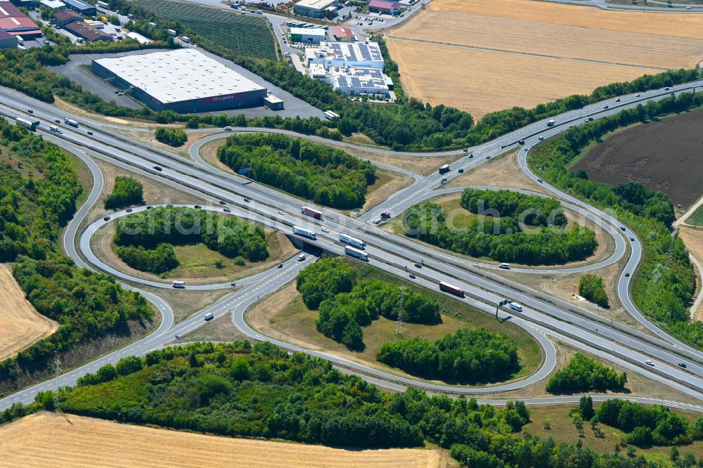 Aerial image Kürnach - Routing and traffic lanes during the highway exit and access the motorway A 7 Wuerzburg/Estenfeld in Kuernach in the state Bavaria, Germany