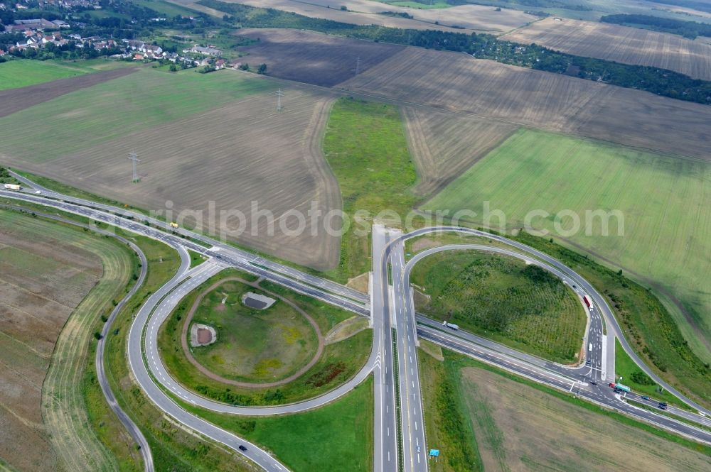 Bennstedt from above - Routing and traffic lanes during the highway exit and access the motorway A 143 to the B80 in Bennstedt in the state Saxony-Anhalt, Germany