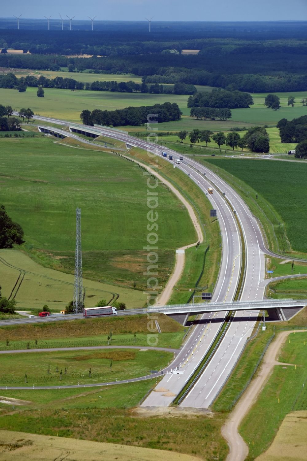 Karstädt from above - Routing and traffic lanes during the highway exit and access the motorway A 14 to road L137 in Karstaedt in the state Brandenburg, Germany
