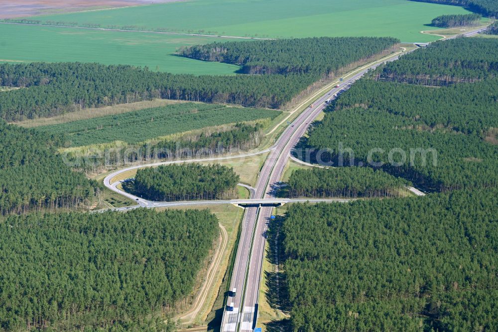 Aerial image Groß Laasch - Routing and traffic lanes during the highway exit and access the motorway A 14 to L73 in Gross Laasch in the state Mecklenburg - Western Pomerania