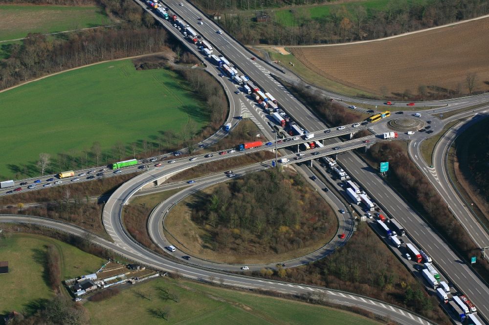 Pratteln from the bird's eye view: Routing and traffic lanes during the highway exit and access the motorway A 3 Liestal in Pratteln in the canton Basel-Landschaft, Switzerland