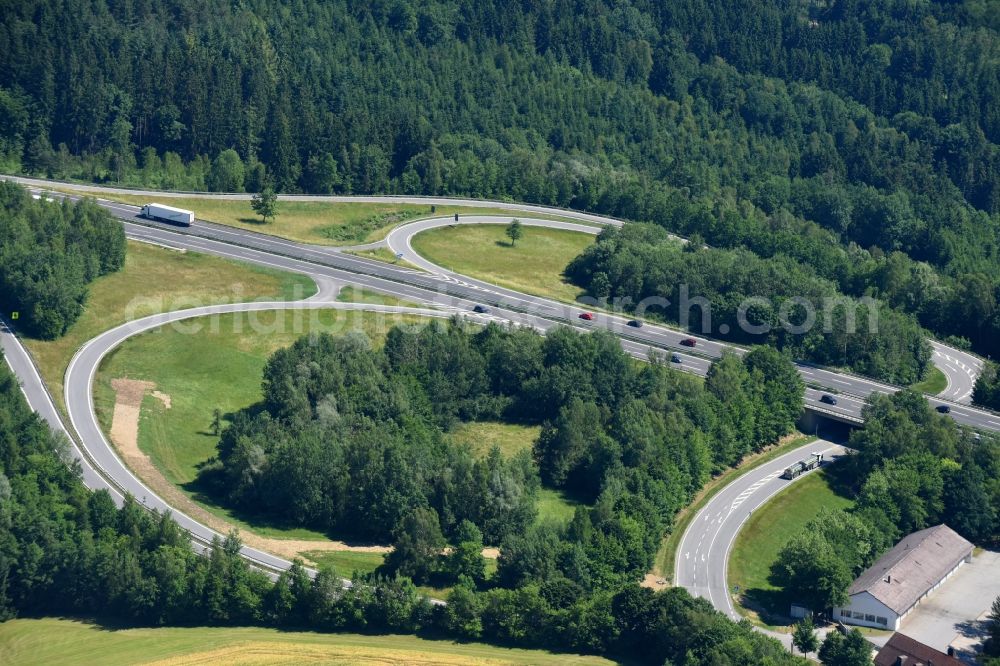 Aerial image Passau - Routing and traffic lanes during the highway exit and access the motorway A3 in Passau in the state Bavaria, Germany