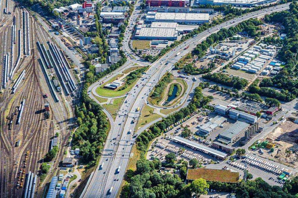 Aerial image Hamburg - Motorway on and off tunnel construction of the BAB A7 Hamburger Deckel in the district Volkspark in Hamburg, Germany