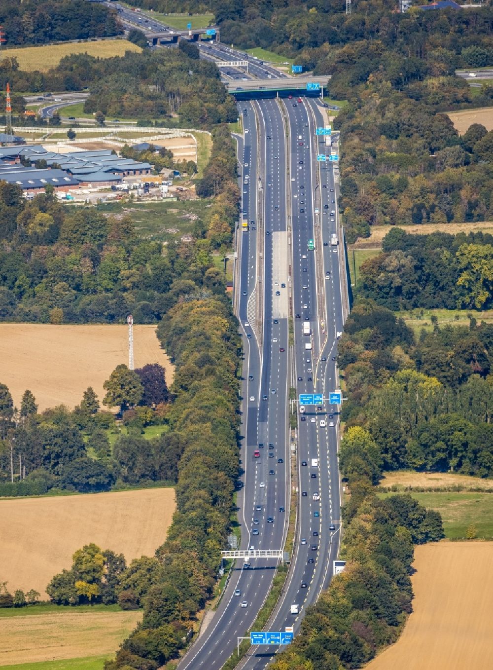 Aerial image Unna - Route and lanes in the course of the exit and access of the motorway junction of the BAB A1 and BAB A44 in Unna in the state North Rhine-Westphalia, Germany