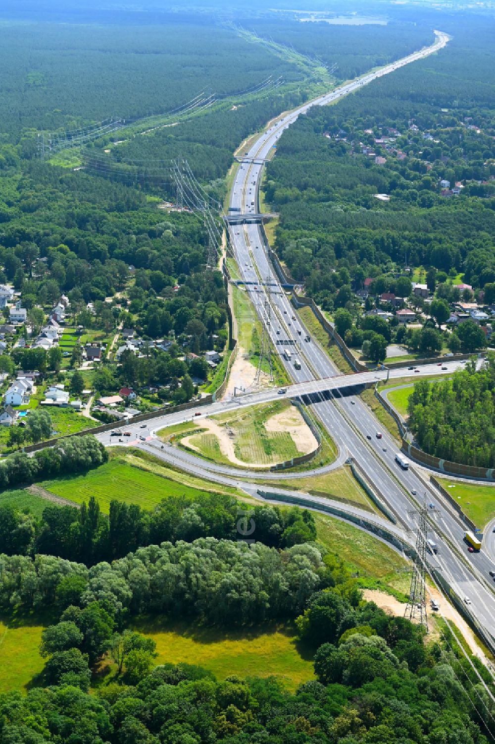Birkenwerder from above - Route and lanes in the course of the exit and access of the motorway junction of the BAB A10 in the district Borgsdorf in Birkenwerder in the state Brandenburg, Germany