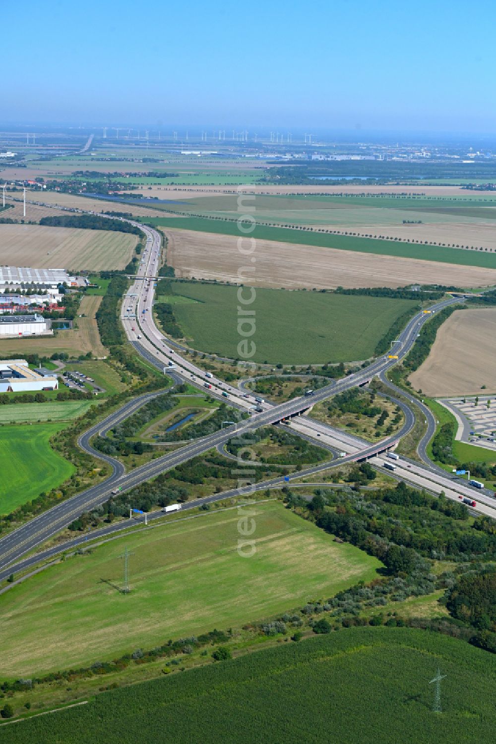Aerial image Brehna - Route and lanes in the course of the exit and access of the motorway junction of the BAB A9 - B100 in Brehna in the state Saxony-Anhalt, Germany