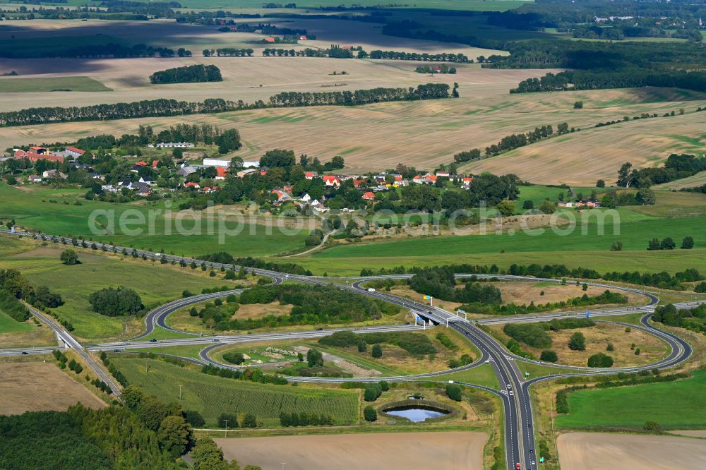 Glienke from above - Route and lanes in the course of the exit and access of the motorway junction of the BAB A20 Neubrandenburg-Ost in Glienke in the state Mecklenburg - Western Pomerania, Germany