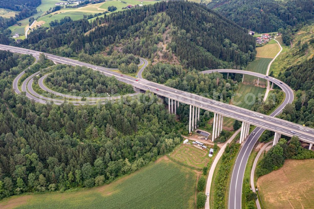 Sankt Andrä from the bird's eye view: Route and lanes in the course of the exit and access of the motorway junction of the BAB A Sankt Andrae in Sankt Andrae in Kaernten, Austria