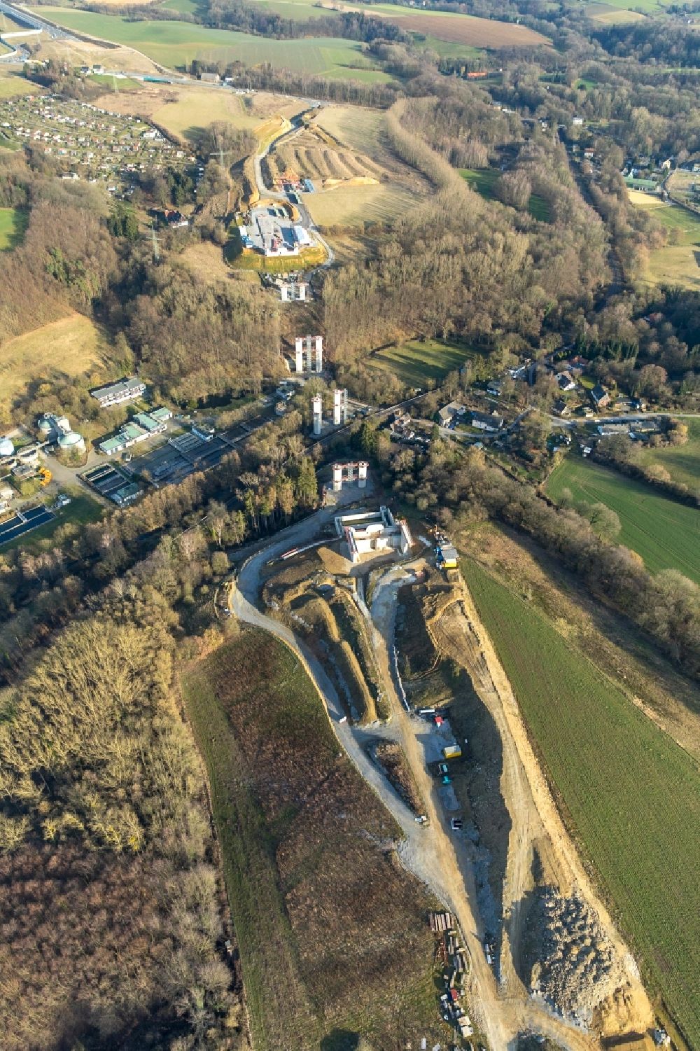 Aerial photograph Heiligenhaus - Highway construction site for the expansion and extension of track along the route of A44 near Hoefermuehle Sued in Heiligenhaus in the state North Rhine-Westphalia