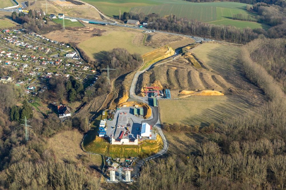 Heiligenhaus from the bird's eye view: Highway construction site for the expansion and extension of track along the route of A44 near Hoefermuehle Sued in Heiligenhaus in the state North Rhine-Westphalia