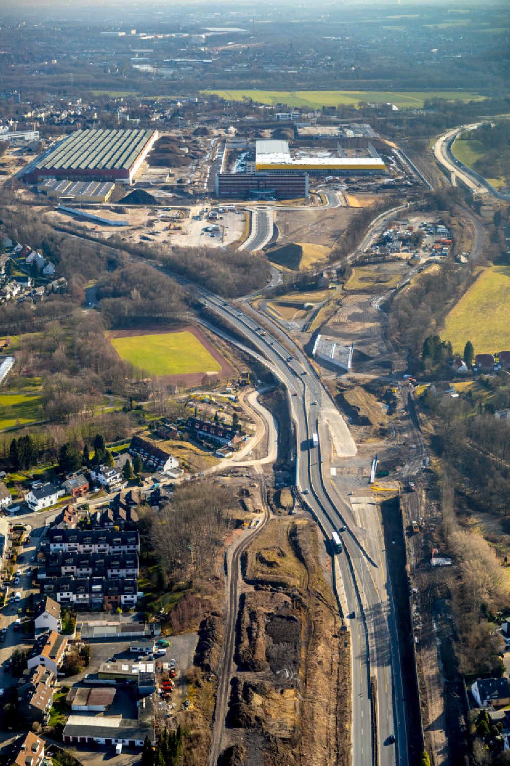 Bochum from above - Highway construction site for the expansion and extension of track along the route of A44 in Bochum in the state North Rhine-Westphalia, Germany