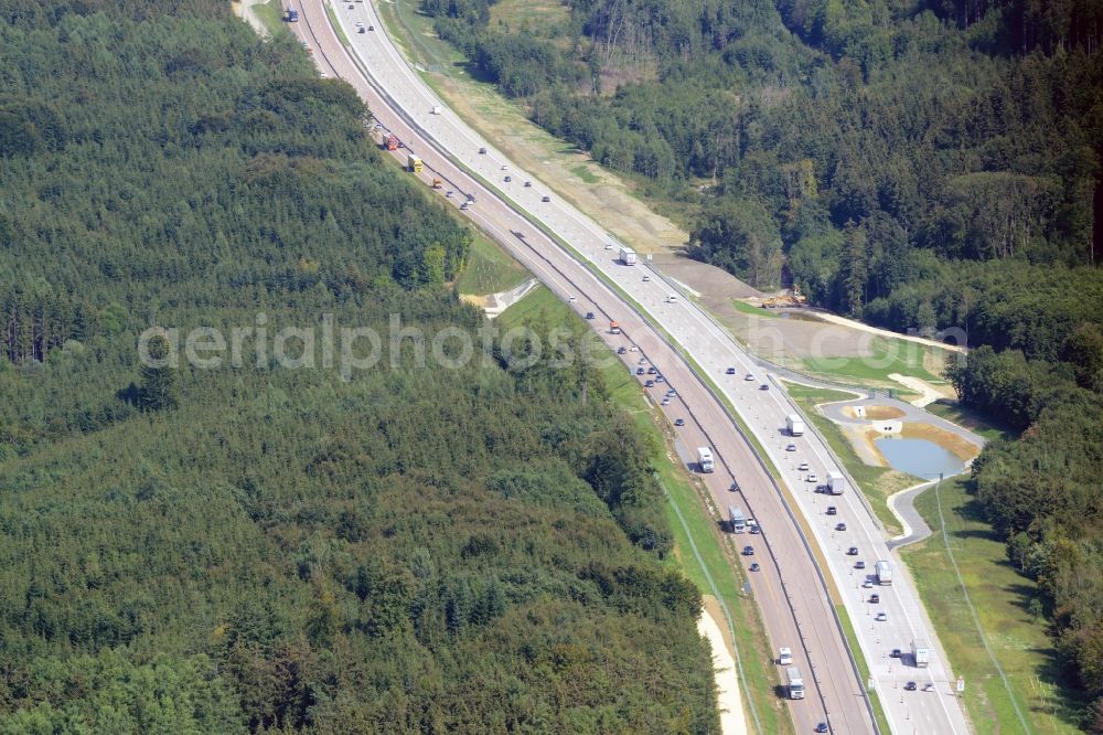 Gersthofen from above - Highway construction site for the expansion and extension of track along the route of A8 in Gersthofen in the state Bavaria