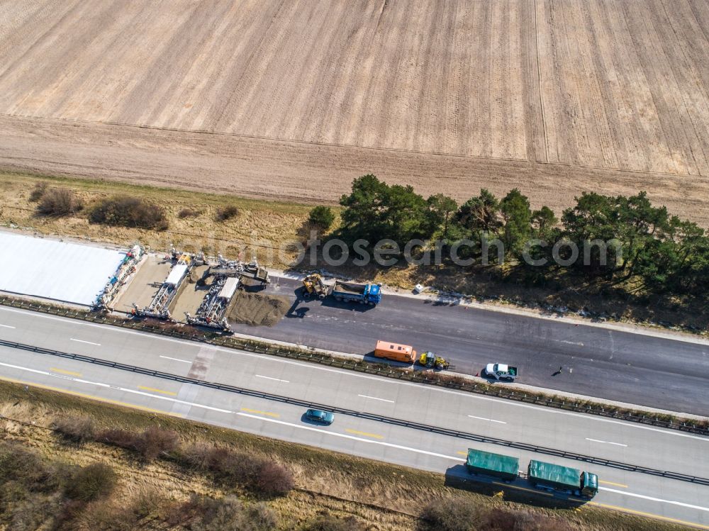 Aerial image Linthe - Highway construction site for the expansion and extension of track along the route of A9 in Linthe in the state Brandenburg, Germany