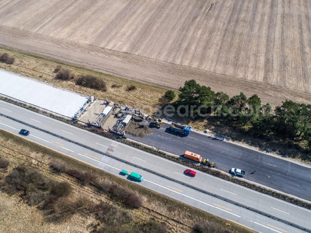 Aerial photograph Linthe - Highway construction site for the expansion and extension of track along the route of A9 in Linthe in the state Brandenburg, Germany