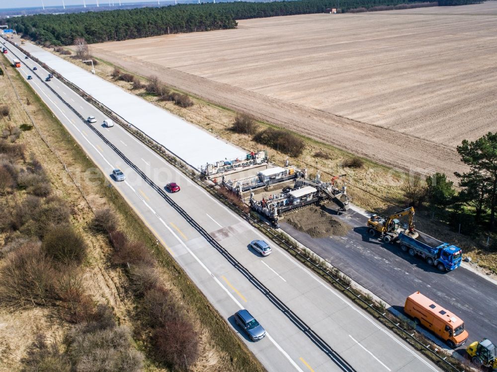 Linthe from above - Highway construction site for the expansion and extension of track along the route of A9 in Linthe in the state Brandenburg, Germany
