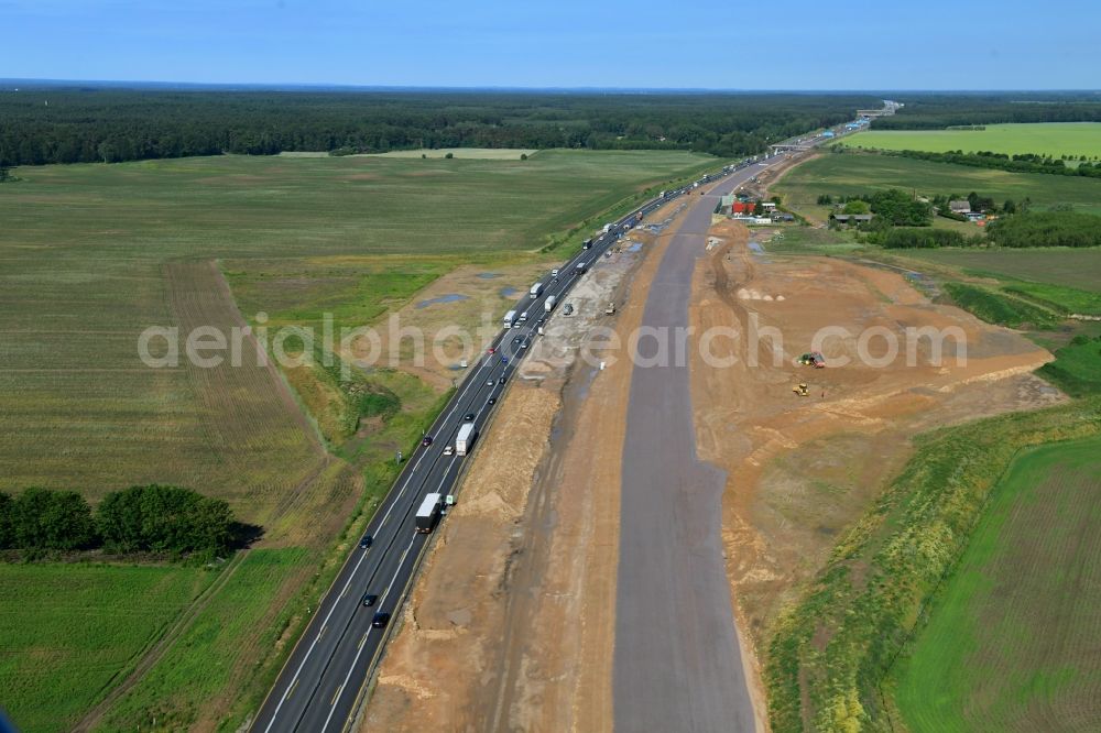 Oberkrämer from above - Highway construction site for the expansion and extension of track along the route of A10 in Oberkraemer in the state Brandenburg, Germany
