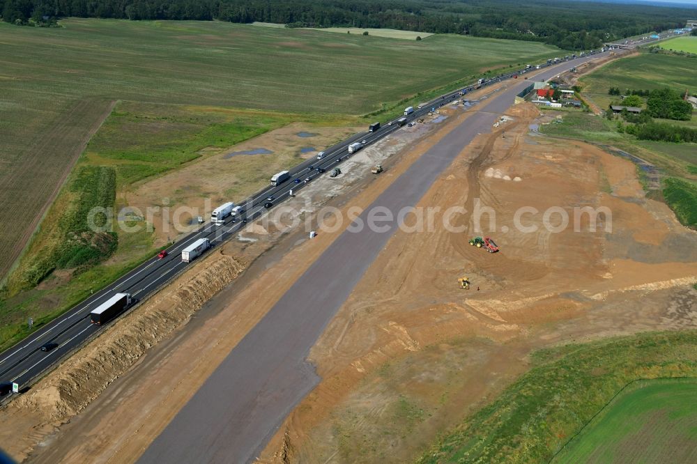 Aerial image Oberkrämer - Highway construction site for the expansion and extension of track along the route of A10 in Oberkraemer in the state Brandenburg, Germany