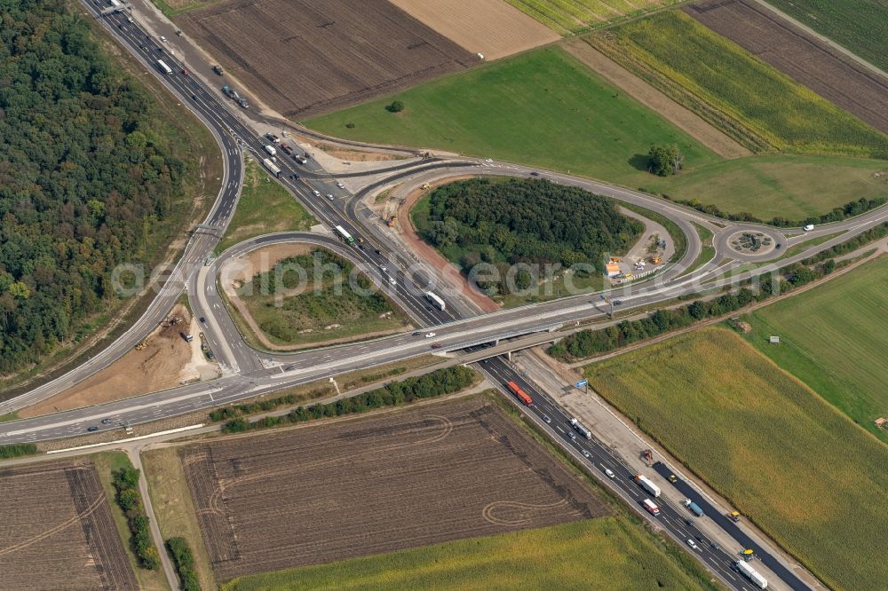 Aerial image Ringsheim - Motorway construction site for the expansion and extension of track along the route of A5 in Ringsheim in the state Baden-Wuerttemberg, Germany