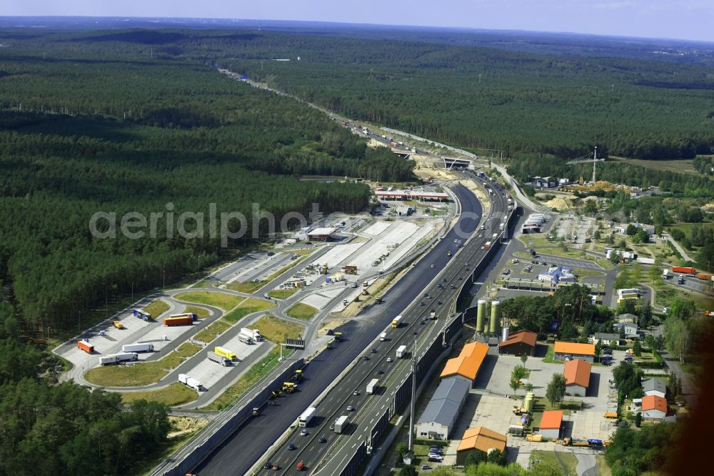Michendorf from above - Motorway Construction and wheel spacers along the route of the motorway A10 to 8-lane track extension in Michendorf in Brandenburg