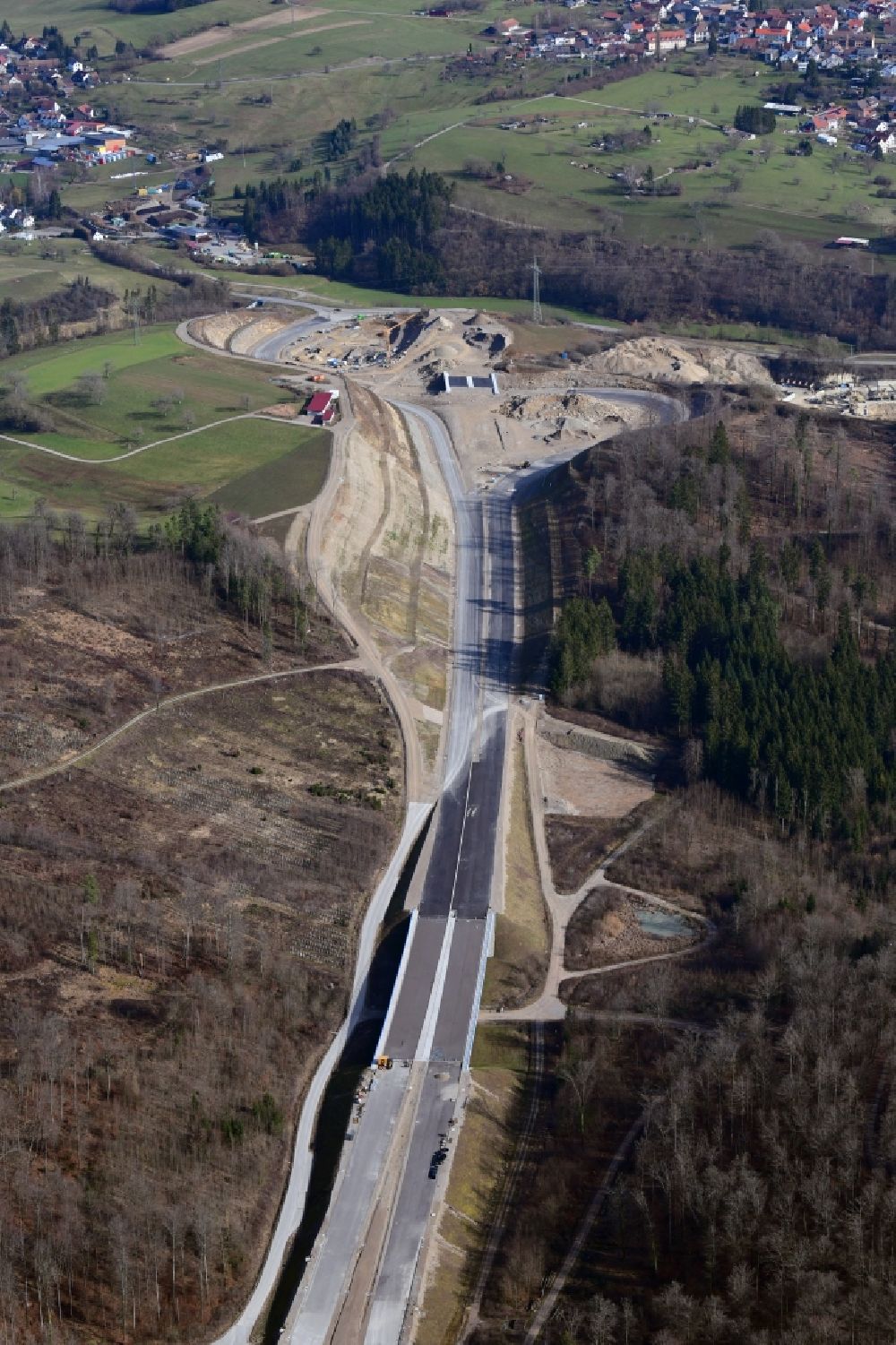 Aerial image Rheinfelden (Baden) - End of the highway- construction site with earthworks on the route of the highway A98 at the motorway access Rheinfelden-East in Rheinfelden (Baden) in the state Baden-Wurttemberg, Germany