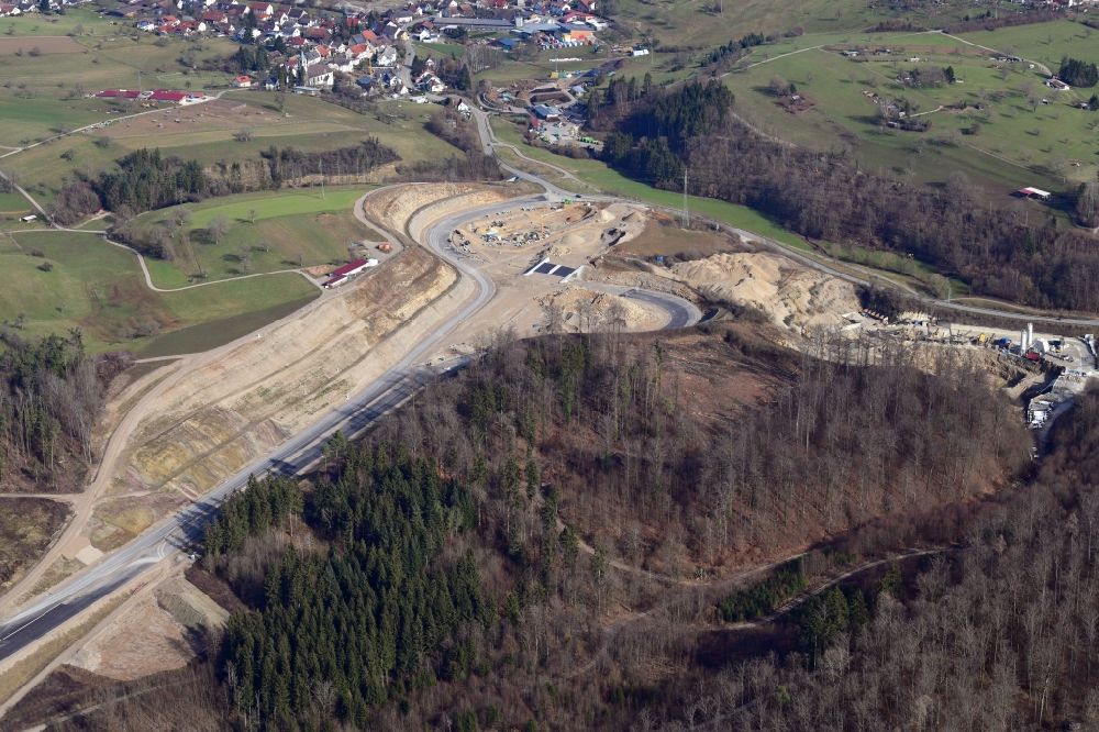Rheinfelden (Baden) from the bird's eye view: End of the highway- construction site with earthworks on the route of the highway A98 at the motorway access Rheinfelden-East in Rheinfelden (Baden) in the state Baden-Wurttemberg, Germany