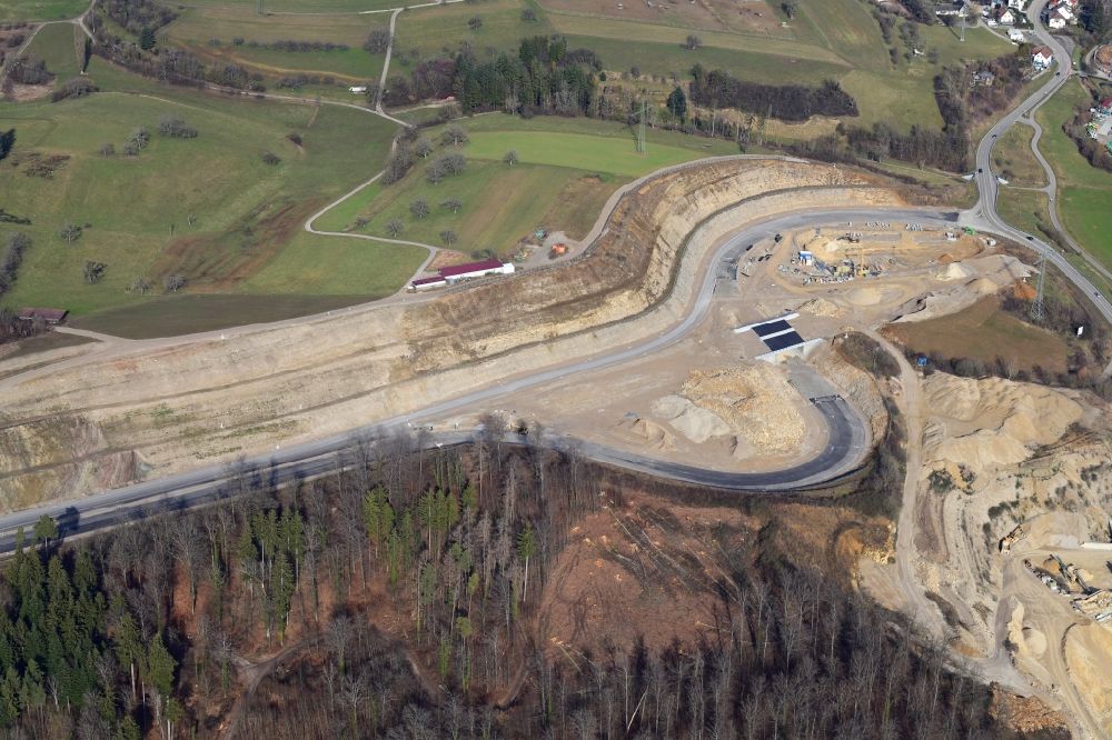 Aerial photograph Rheinfelden (Baden) - End of the highway- construction site with earthworks on the route of the highway A98 at the motorway access Rheinfelden-East in Rheinfelden (Baden) in the state Baden-Wurttemberg, Germany