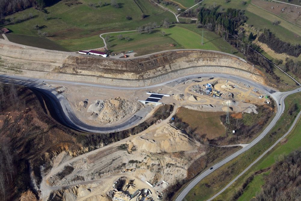 Rheinfelden (Baden) from above - End of the highway- construction site with earthworks on the route of the highway A98 at the motorway access Rheinfelden-East in Rheinfelden (Baden) in the state Baden-Wurttemberg, Germany
