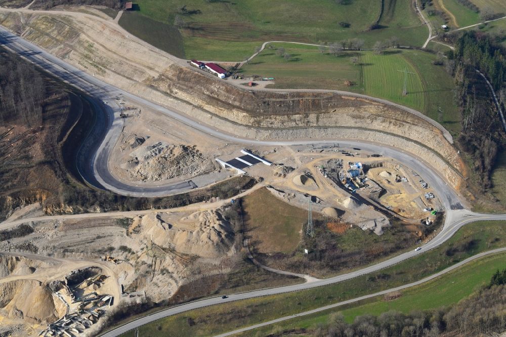 Rheinfelden (Baden) from the bird's eye view: End of the highway- construction site with earthworks on the route of the highway A98 at the motorway access Rheinfelden-East in Rheinfelden (Baden) in the state Baden-Wurttemberg, Germany