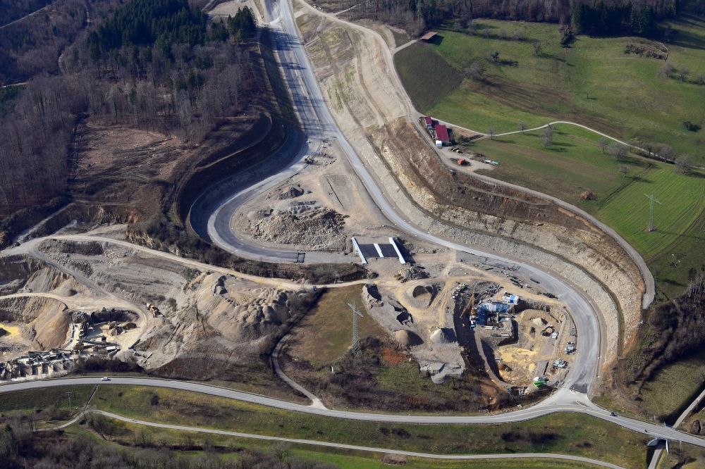 Aerial image Rheinfelden (Baden) - End of the highway- construction site with earthworks on the route of the highway A98 at the motorway access Rheinfelden-East in Rheinfelden (Baden) in the state Baden-Wurttemberg, Germany