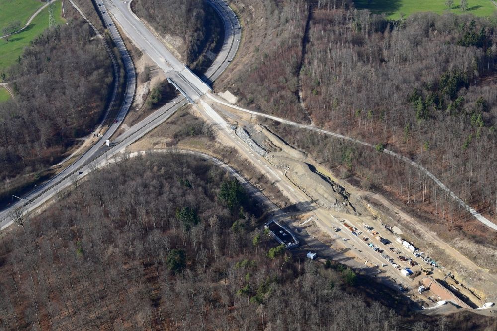 Aerial image Rheinfelden (Baden) - Highway- construction site with earthworks on the route of the highway A98 at the three-leg motorway interchange Hochrhein and the tunnel Herschaftsbucktunnel in Rheinfelden (Baden) in the state Baden-Wurttemberg, Germany
