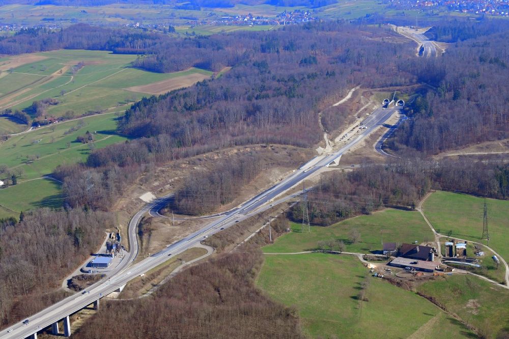 Aerial photograph Rheinfelden (Baden) - Highway- construction site with earthworks on the route of the highway A98 at the three-leg motorway interchange Hochrhein and the tunnel Herschaftsbucktunnel in Rheinfelden (Baden) in the state Baden-Wurttemberg, Germany