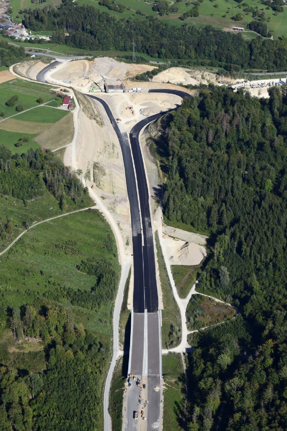 Rheinfelden (Baden) from above - Highway- construction site with earthworks along the route of the highway A98 at the junction Rheinfelden-East in Rheinfelden (Baden) in the state Baden-Wurttemberg, Germany