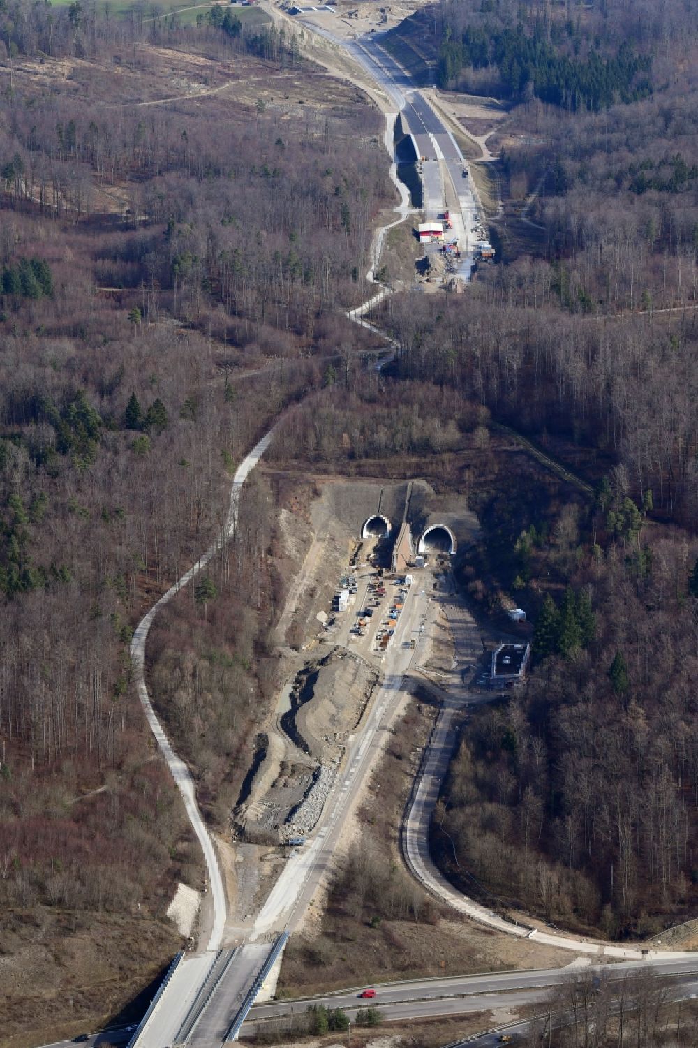 Rheinfelden (Baden) from above - Highway- construction site with earthworks on the route of the highway A98 at the tunnel Herschaftsbucktunnel in Rheinfelden (Baden) in the state Baden-Wurttemberg, Germany