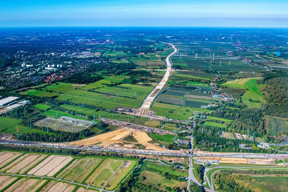 Aerial image Hamburg - Motorway- Construction site with earthworks along the route and of the route of the highway Anschussstelle A26 A7 in Hamburg, Germany