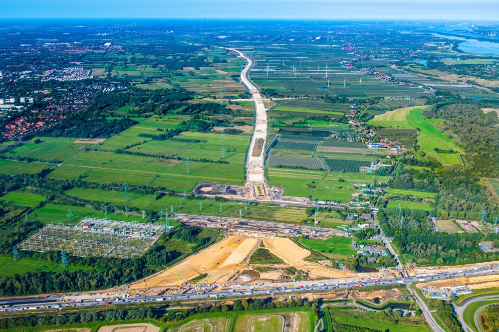 Hamburg from above - Motorway- Construction site with earthworks along the route and of the route of the highway Anschussstelle A26 A7 in Hamburg, Germany