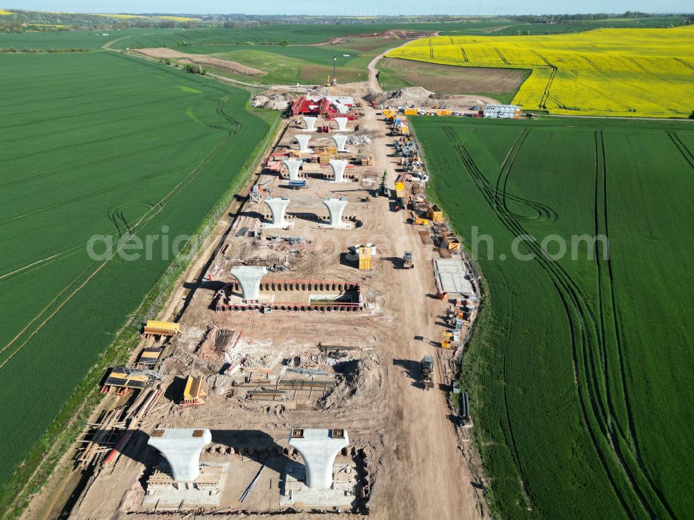 Salzmünde from above - Motorway- Construction site with earthworks along the route and of the route of the highway of BAB Autobahn A143 on street Lettiner Strasse in Salzmuende Salzatal in the state Saxony-Anhalt, Germany
