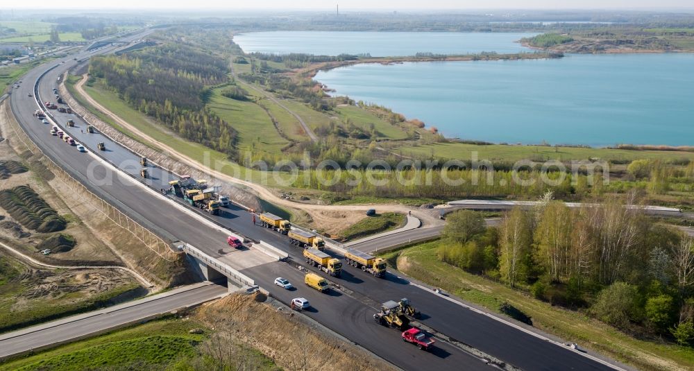 Aerial image Espenhain - Motorway- Construction site with earthworks along the route and of the route of the highway of BAB A72 in Espenhain in the state Saxony, Germany