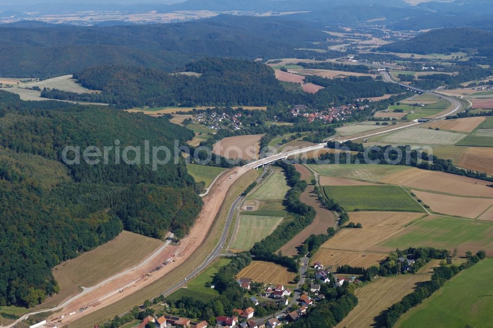 Hessisch Lichtenau from the bird's eye view: Highway- Construction site with earthworks along the route and of the route of the highway der BAB A 44 in Hessisch Lichtenau in the state Hesse