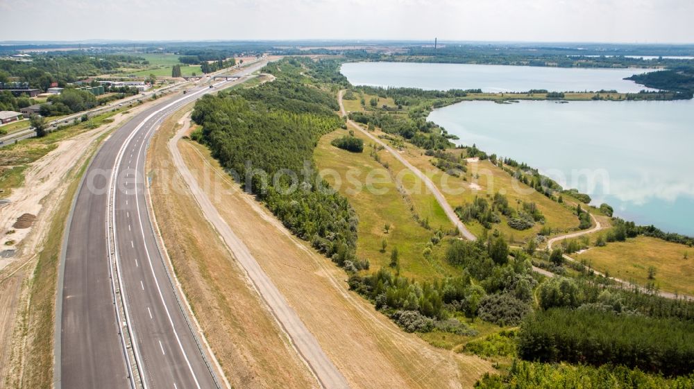 Rötha from above - Motorway- Construction site with earthworks along the route and of the route of the highway of BAB A72 in Roetha in the state Saxony, Germany