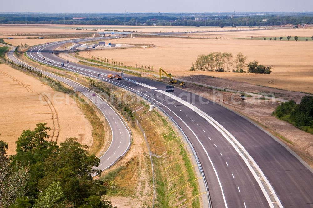 Rötha from the bird's eye view: Motorway- Construction site with earthworks along the route and of the route of the highway of BAB A72 in Roetha in the state Saxony, Germany