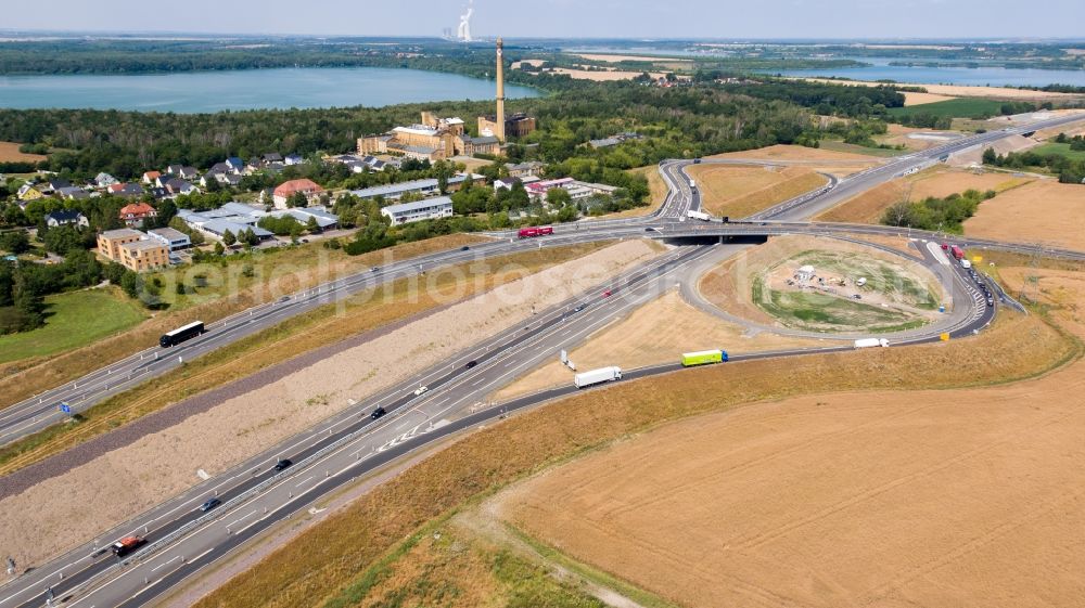 Aerial photograph Rötha - Motorway- Construction site with earthworks along the route and of the route of the highway of BAB A72 in Roetha in the state Saxony, Germany