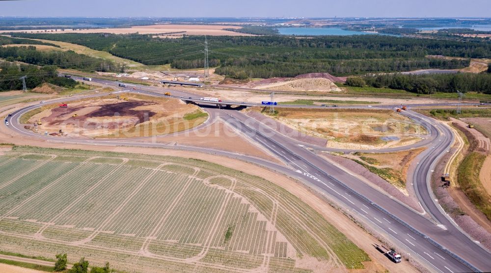Rötha from above - Motorway- Construction site with earthworks along the route and of the route of the highway of BAB A72 in Roetha in the state Saxony, Germany