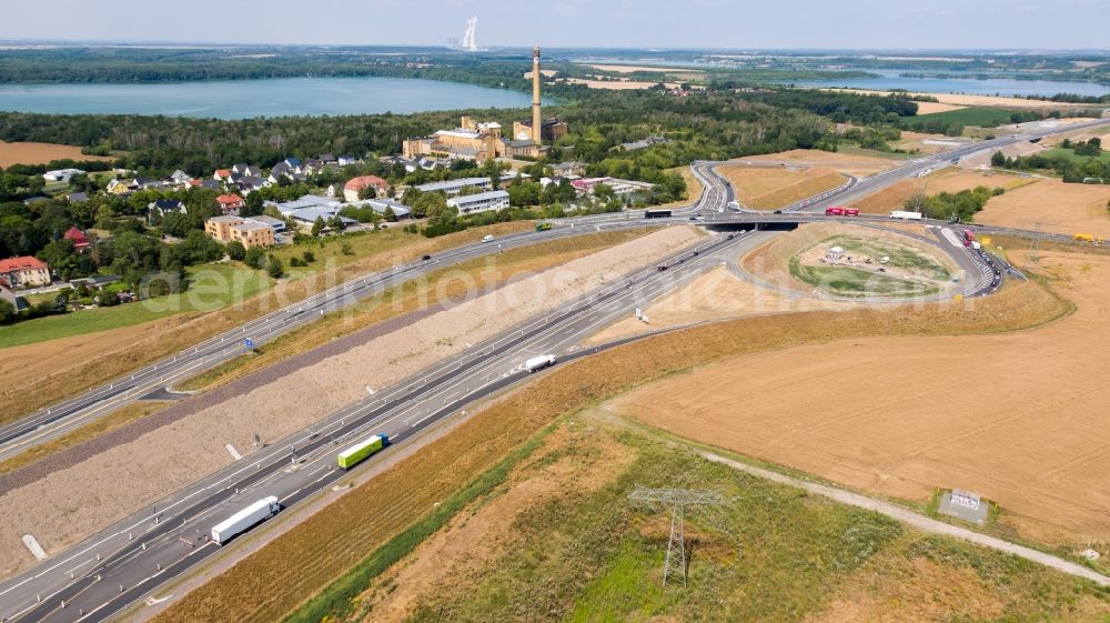 Rötha from the bird's eye view: Motorway- Construction site with earthworks along the route and of the route of the highway of BAB A72 in Roetha in the state Saxony, Germany