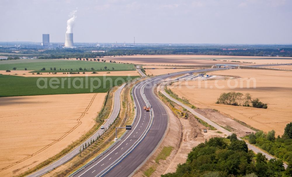 Aerial image Rötha - Motorway- Construction site with earthworks along the route and of the route of the highway of BAB A72 in Roetha in the state Saxony, Germany