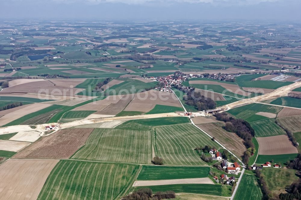 Weidenbach from above - Highway- Construction site with earthworks along the route and of the route of the highway BAB A94 in Weidenbach in the state Bavaria